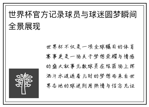 世界杯官方记录球员与球迷圆梦瞬间全景展现